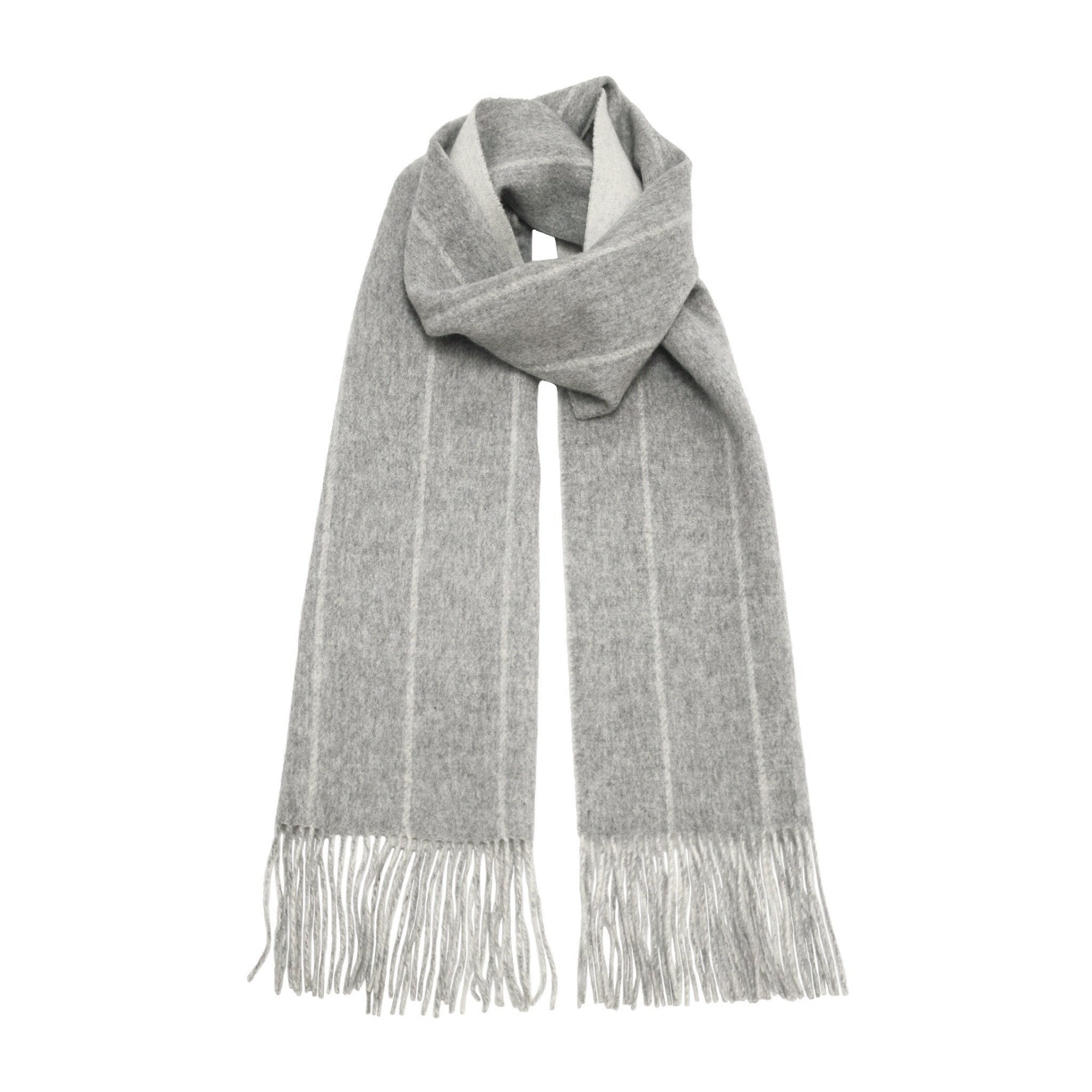 Silver grey wool and cashmere woven double face scarf with white stripes, stylish and soft apparel by Start2Finish.