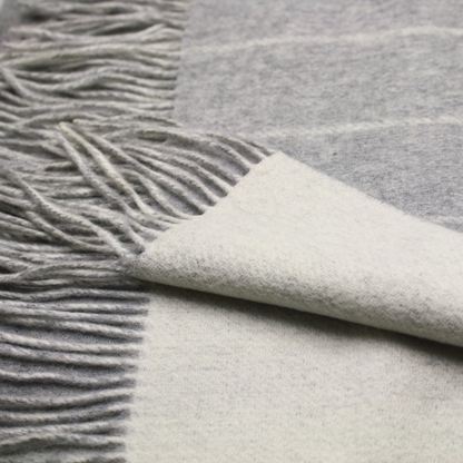 Silver grey wool-white striped cashmere woven double face scarf from Start2Finish, showcasing soft, luxurious fabric and stylish pattern.