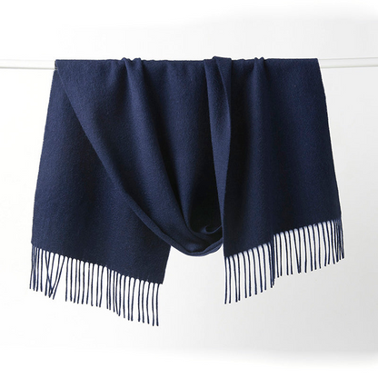 Woven navy lambswool scarf from Start2Finish featuring a plain design, soft texture, and classic style.