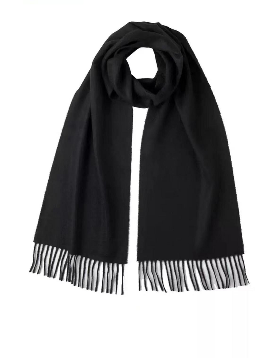 Black cashmere scarf by Start2Finish, woven plain design, soft and cozy apparel accessory for winter warmth.