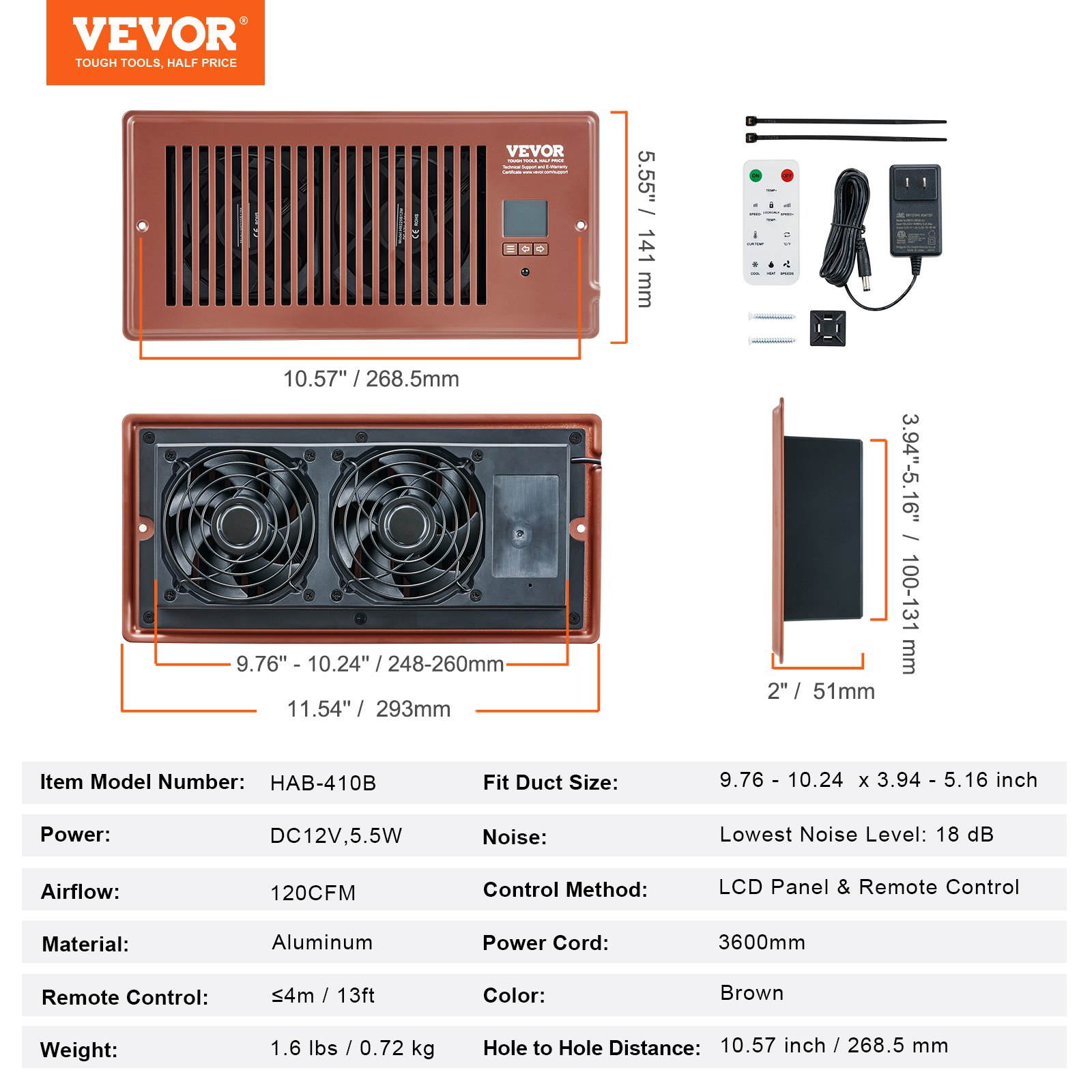 Start2Finish VEVOR Register Booster Fan in brown with remote, adjustable speed, thermostat control, fits 4x10 inch vent openings
