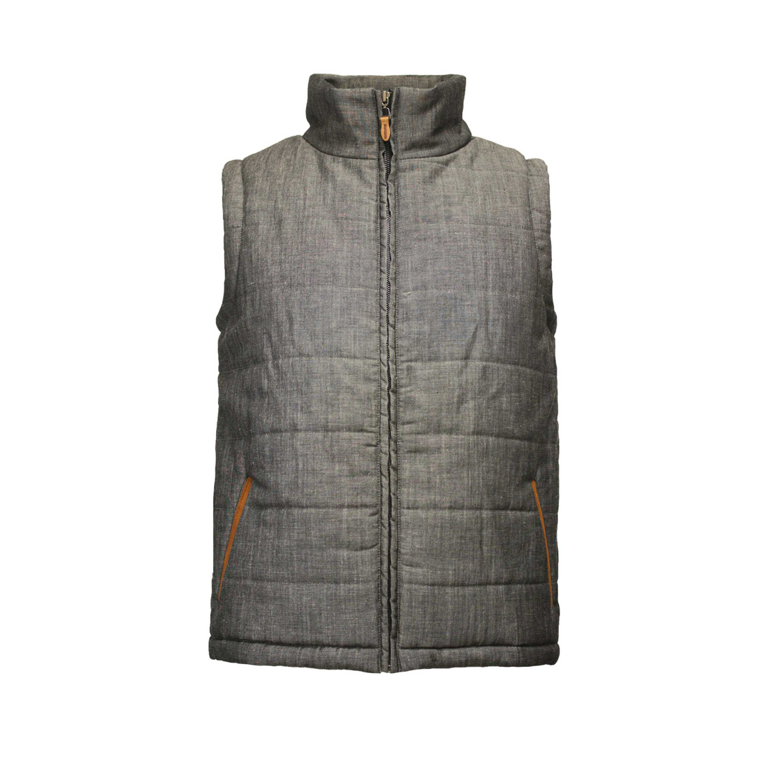 Start2Finish wool linen puffer vest bodywarmer, lightweight and insulated apparel, shown in a front view with zipper closure.