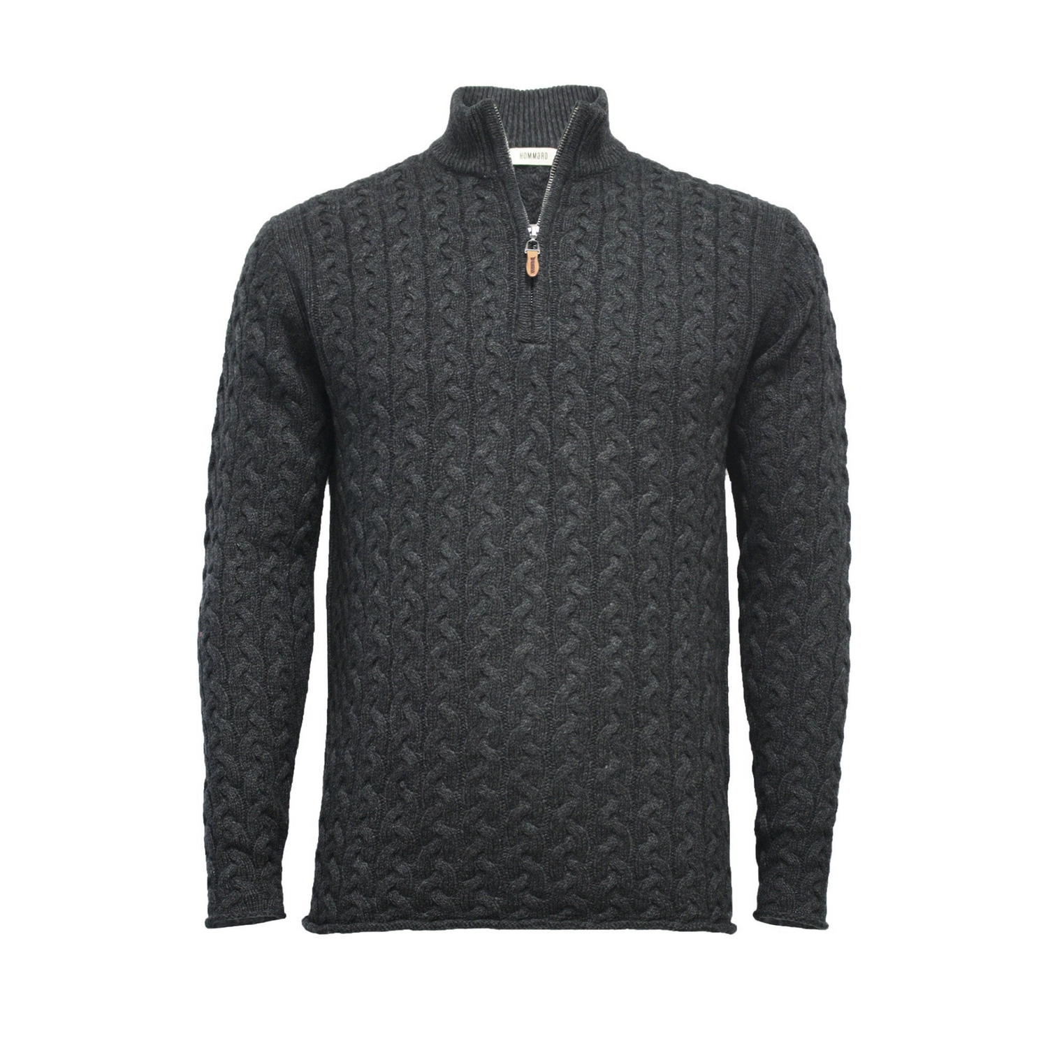 Charcoal cashmere half-zip sweater with full cable knit pattern by Start2Finish, displayed on a hanger.