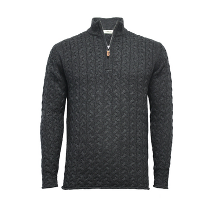 Charcoal cashmere half-zip sweater with full cable knit pattern by Start2Finish, displayed on a hanger.