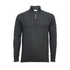 Charcoal cashmere half-zip sweater with full cable knit pattern by Start2Finish, displayed on a hanger.