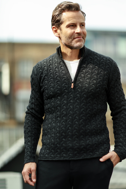 Charcoal cashmere half zip sweater with full cable knit pattern from Start2Finish, showcasing a cozy, stylish apparel design.