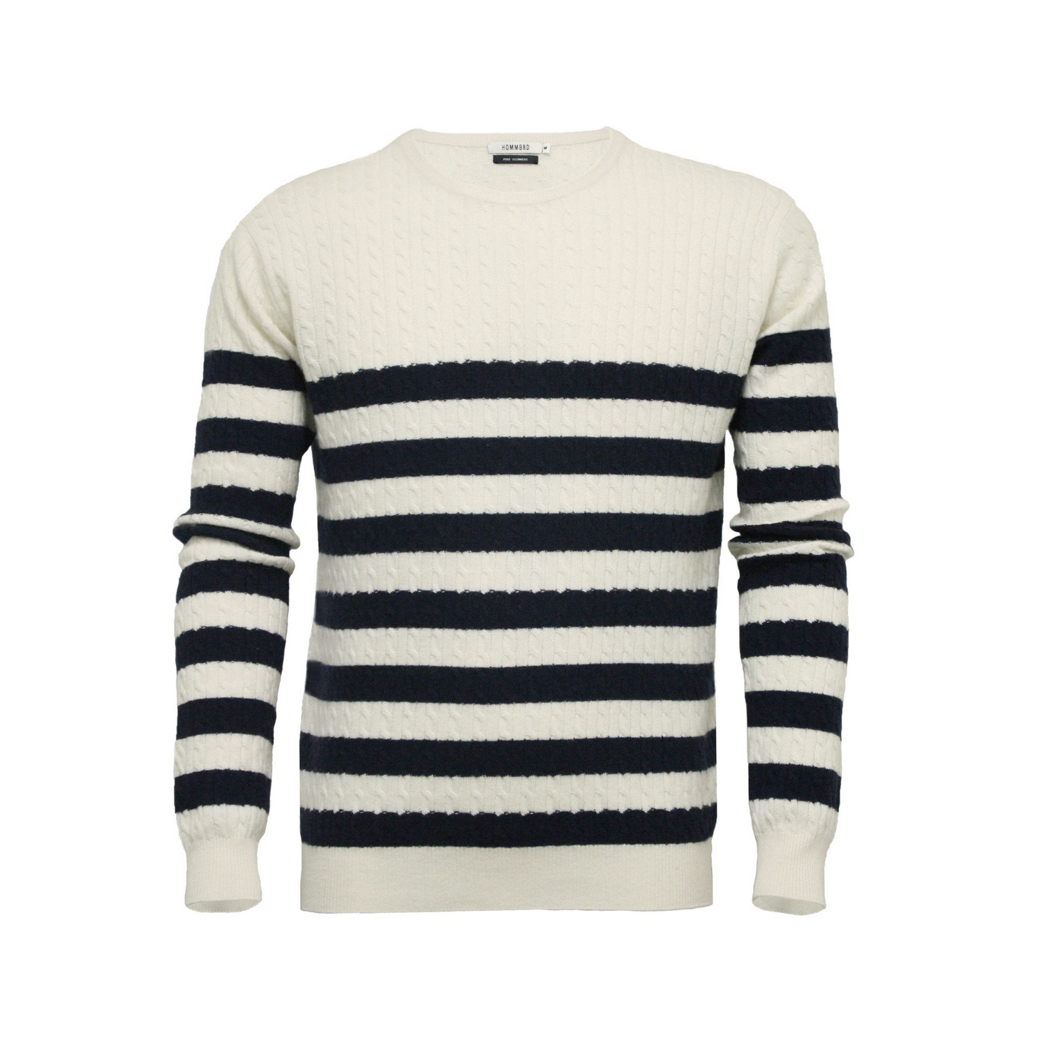 Start2Finish silk cashmere striped cable crew neck Breton sweater, showing the classic pattern and cozy knit fabric.