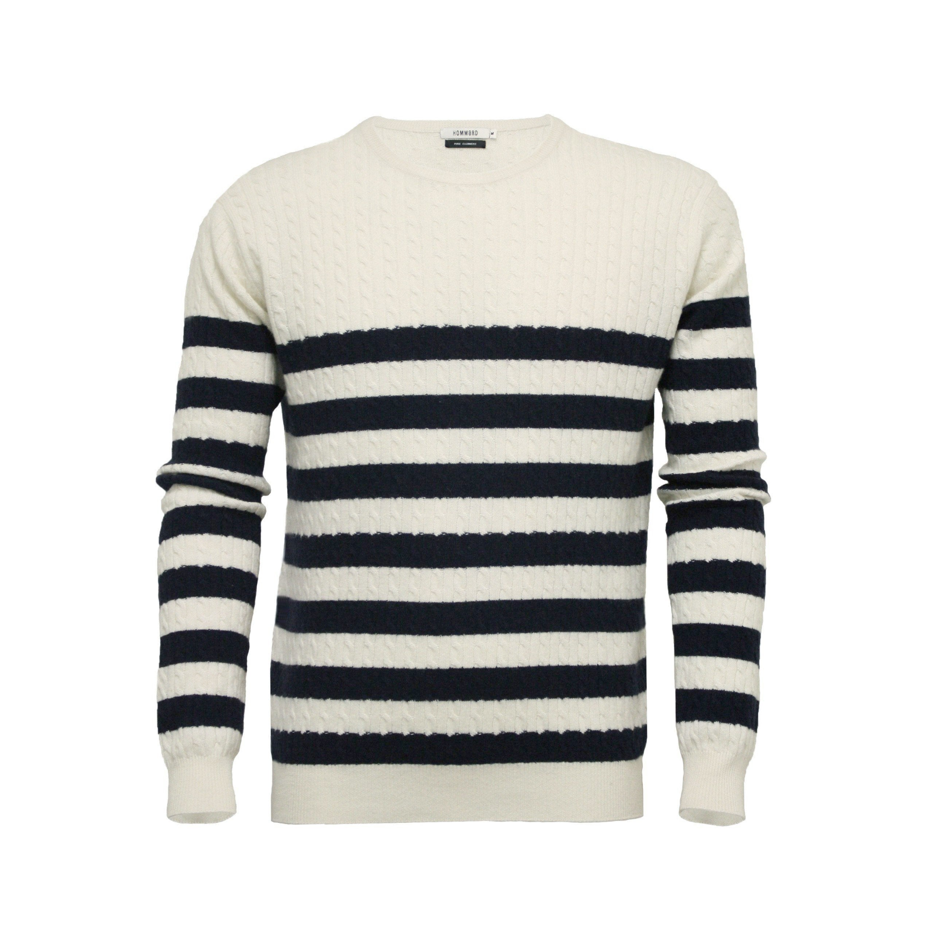 Start2Finish silk cashmere striped cable crew neck Breton sweater, showing the classic pattern and cozy knit fabric.