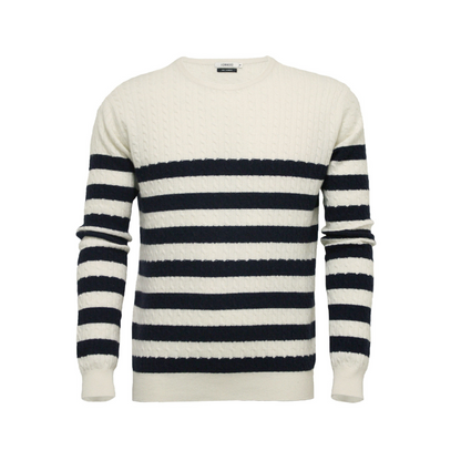Start2Finish silk cashmere striped cable crew neck Breton sweater, showing the classic pattern and cozy knit fabric.