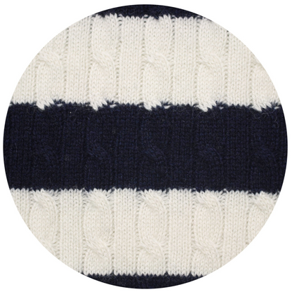 Start2Finish silk cashmere striped cable crew neck Breton sweater displayed with a classic design and vibrant colors.