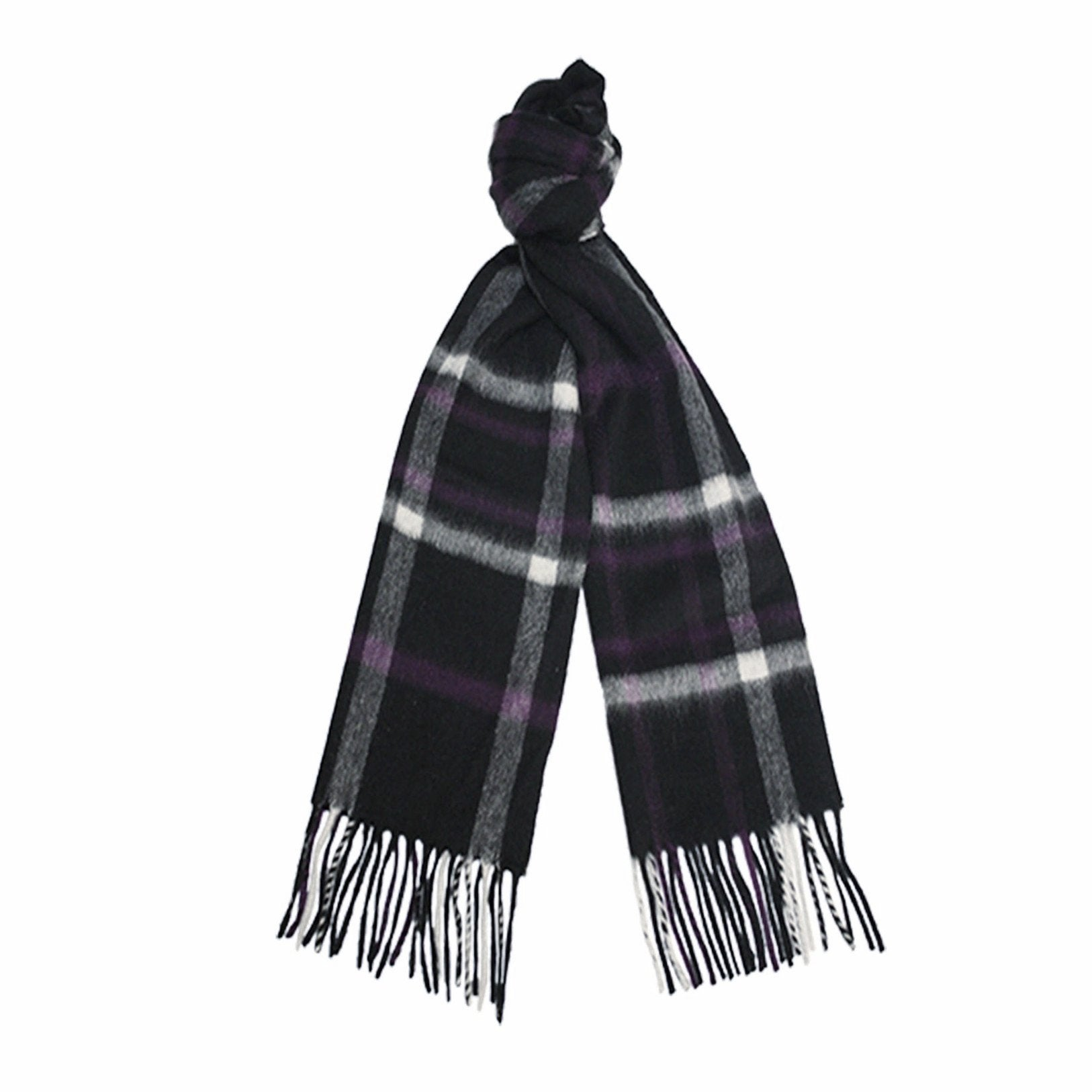 Start2Finish black, grey, and purple cashmere woven check scarf featuring a soft, stylish apparel accessory with a plaid pattern.