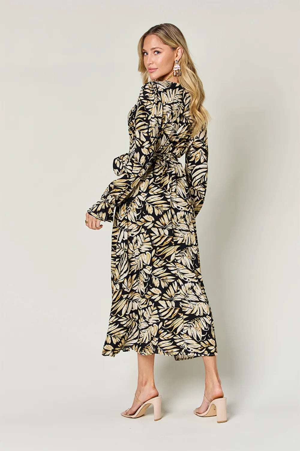 Pear Daisy Double Take full size tie-back flounce sleeve dress, stylish home and garden decor with a vibrant pattern.
