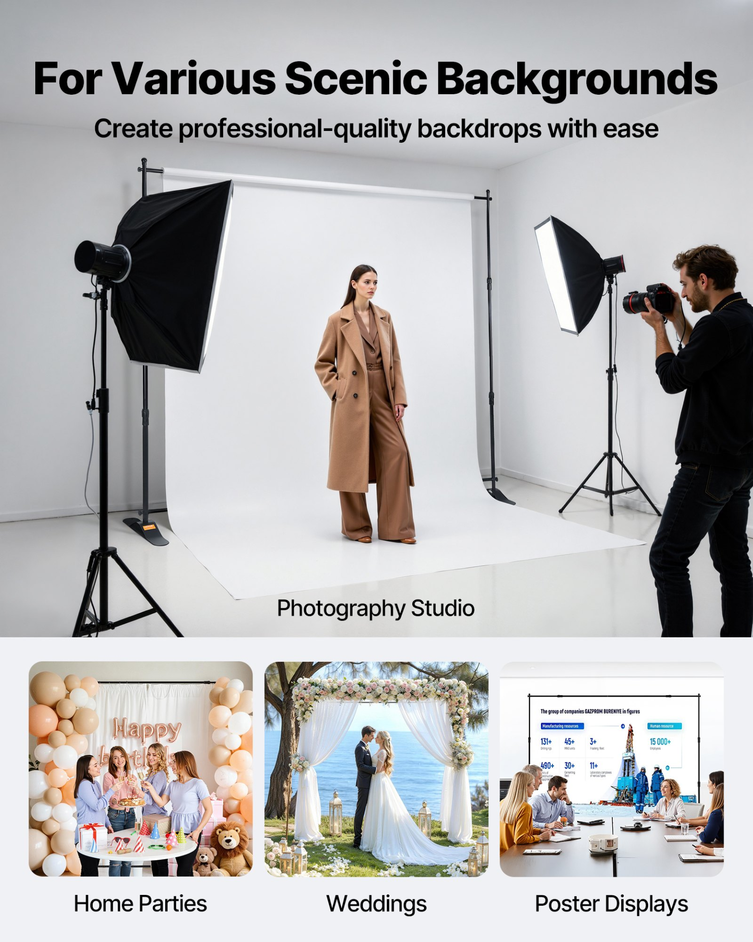 Start2Finish VEVOR 10x8 ft adjustable backdrop banner stand for trade shows and photo booths, with step and repeat design.