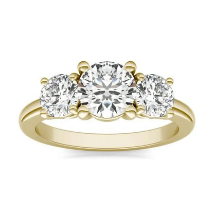 Start2Finish 14K gold three stone engagement ring with 3 CTW AGI certified lab grown diamonds, G-VS clarity, elegant design.