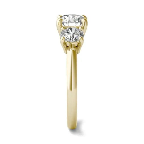 Start2Finish 14K gold three-stone engagement ring with 3 carats total weight, featuring G-VS lab-grown diamonds and unique design.