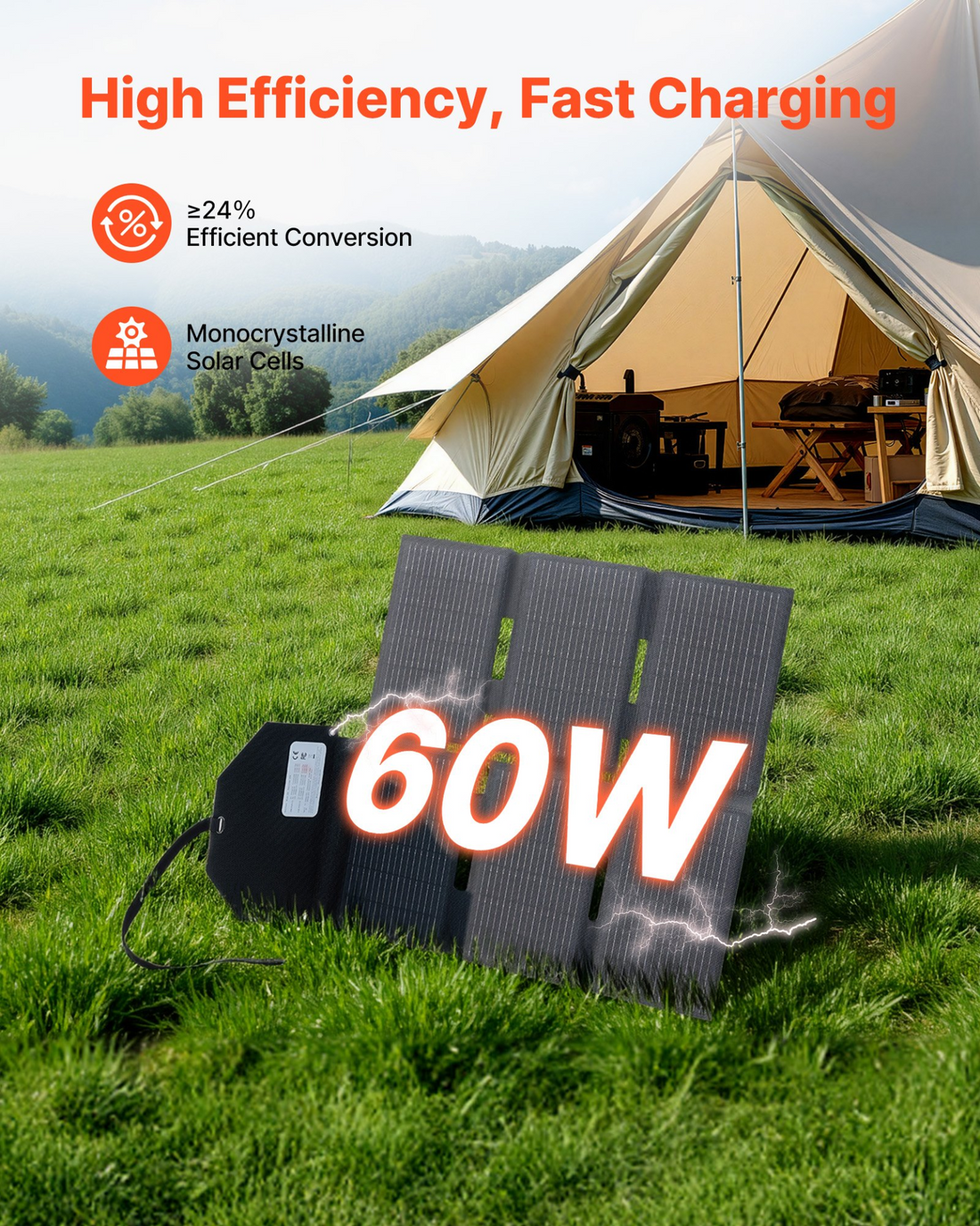 Start2Finish VEVOR 60W foldable monocrystalline solar panel charger with USB, Type-C, and DC ports for portable power.