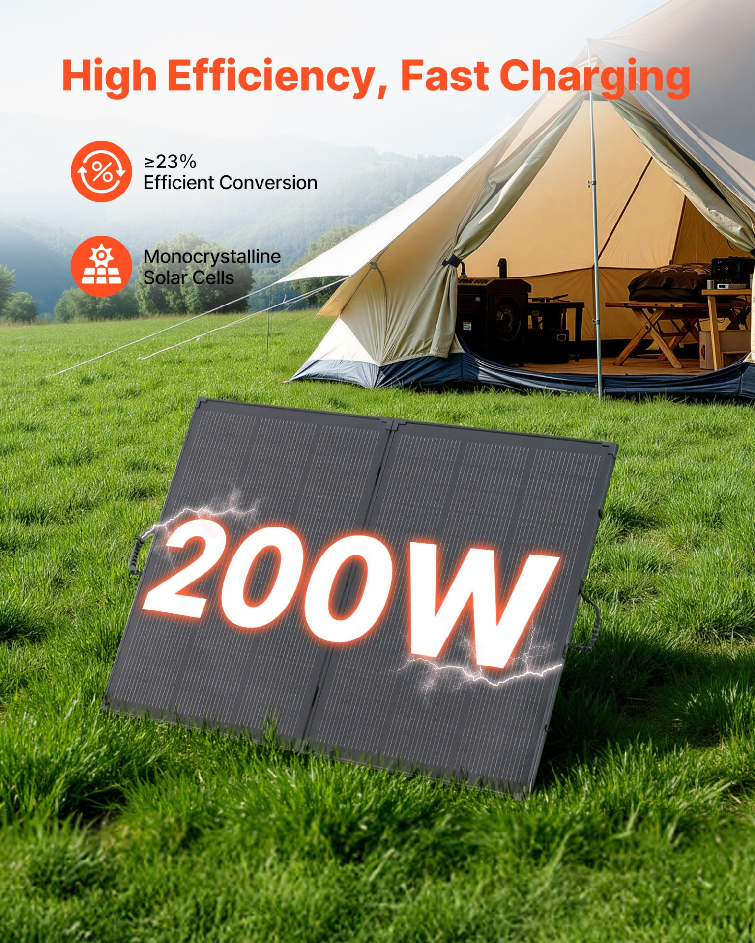 Start2Finish VEVOR 200W foldable solar panel with frame, monocrystalline, waterproof, ideal for camping, hiking, and RV trips.