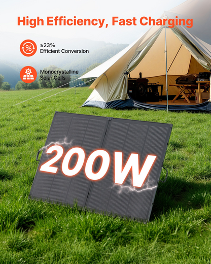 Start2Finish VEVOR 200W foldable solar panel with frame, monocrystalline, waterproof, ideal for camping, hiking, and RV trips.