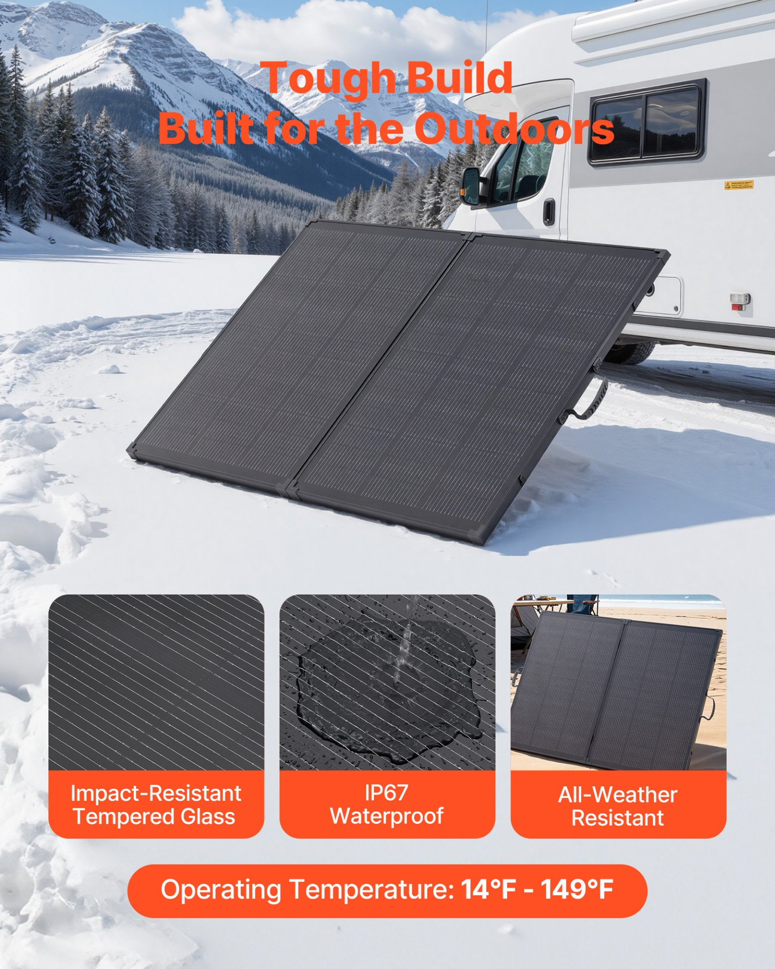 Start2Finish VEVOR 200W foldable solar panel with frame, monocrystalline, waterproof, ideal for camping and RV trips.