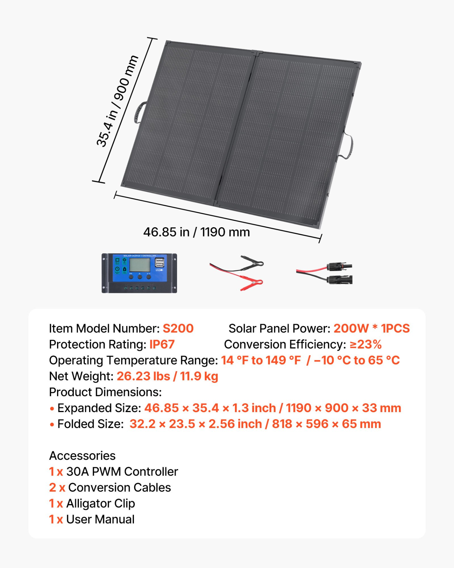 Start2Finish VEVOR 200W foldable monocrystalline solar panel with frame, PWM controller, MC4 output, waterproof for camping and outdoor use.