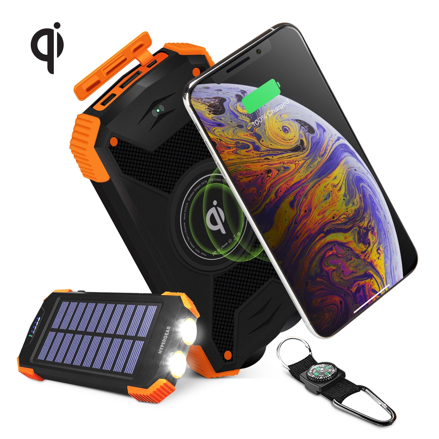 Sky Iapetus HyperGear Solar 10,000mAh wireless power bank with solar panel for mobile and laptop charging.