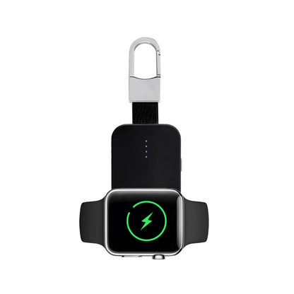 Salmon Lucky Apple Watch wireless charger power bank on key chain, portable tech accessory with compact design and key ring attachment.