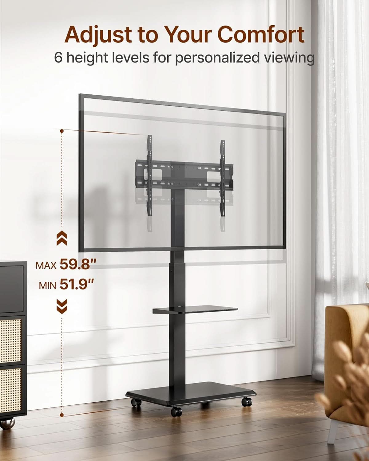 Rolling TV Stand Thirty Two To Seventy Five Inches Hidden Wire Management