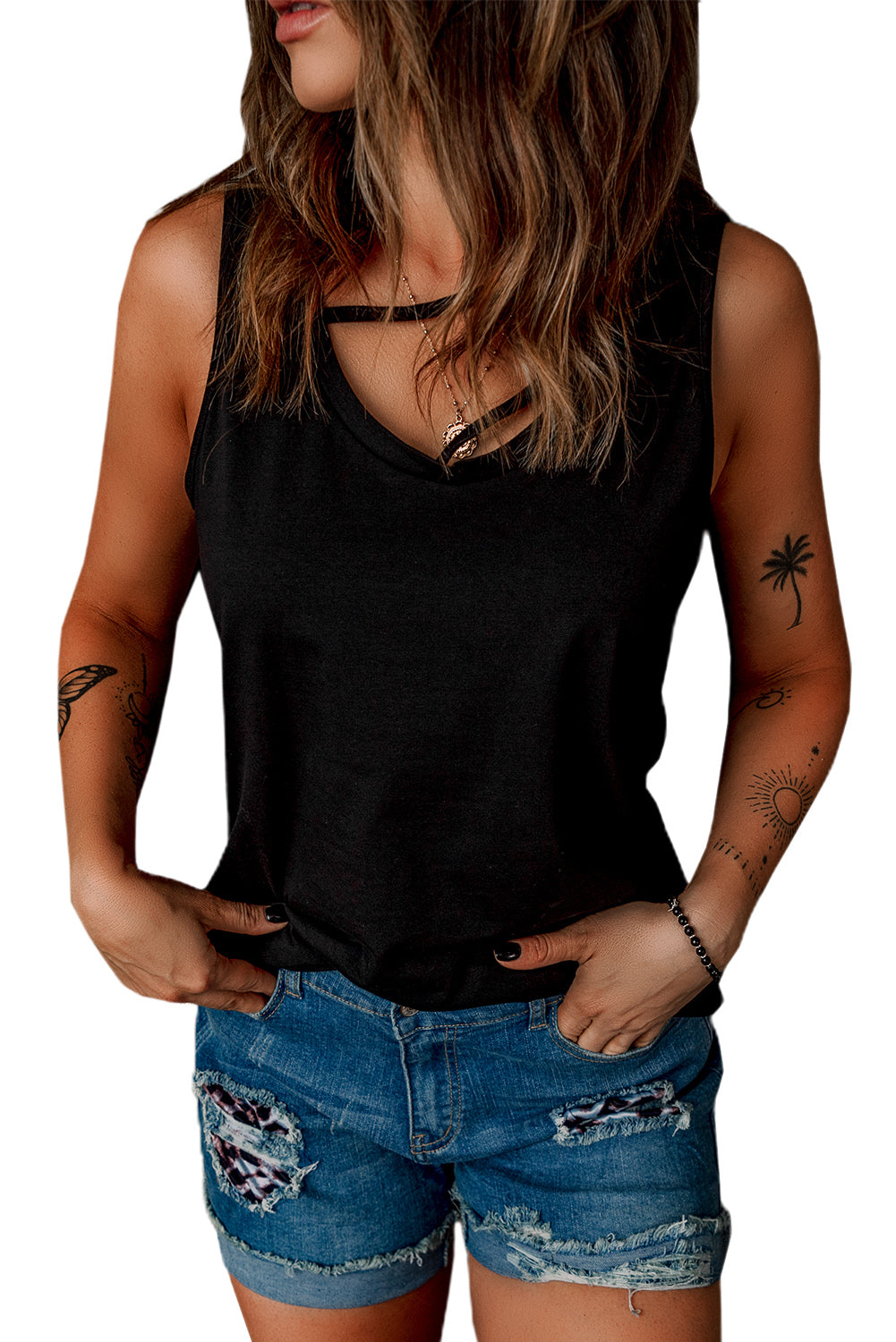 Black strappy hollow-out neck tank top by Harlequin Daisy, stylish bath and beauty apparel with a modern design.