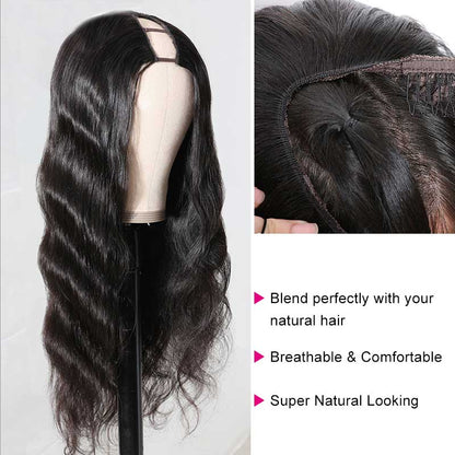 Cerise Alfie Brazilian Remy human hair U part wig with body wave texture, styled to showcase natural waves and full coverage.