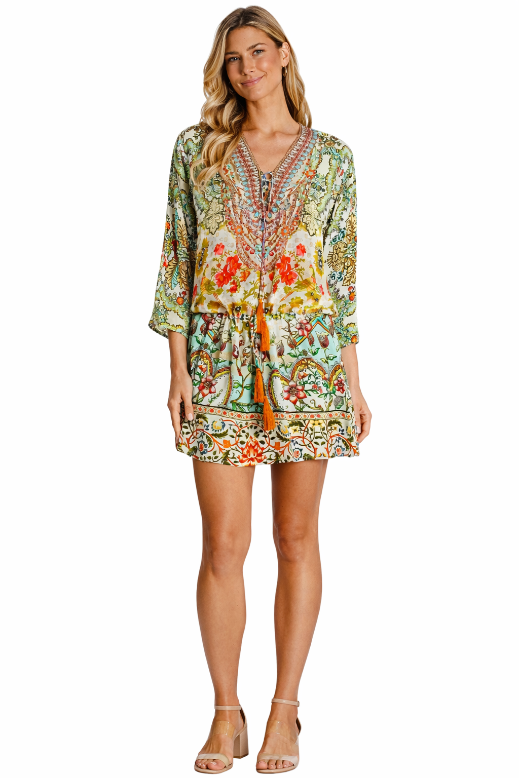 Wholesale Green &amp; Yellow Tropical Floral Tunic Mini Dress