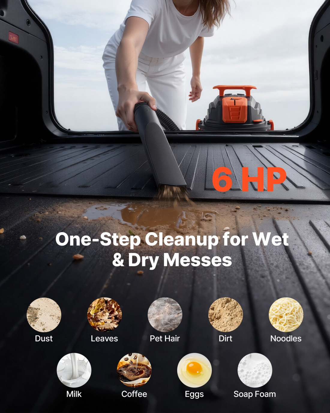 Start2Finish VEVOR 8-gallon wet dry shop vacuum with metal tank, 6 HP, 7ft hose, and self-cleaning for workshop and garage use.