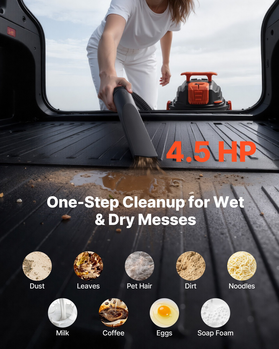 Start2Finish VEVOR 8-gallon wet dry shop vacuum with 4.5 peak HP, 7ft hose, self-cleaning, and portable design for workshop use.