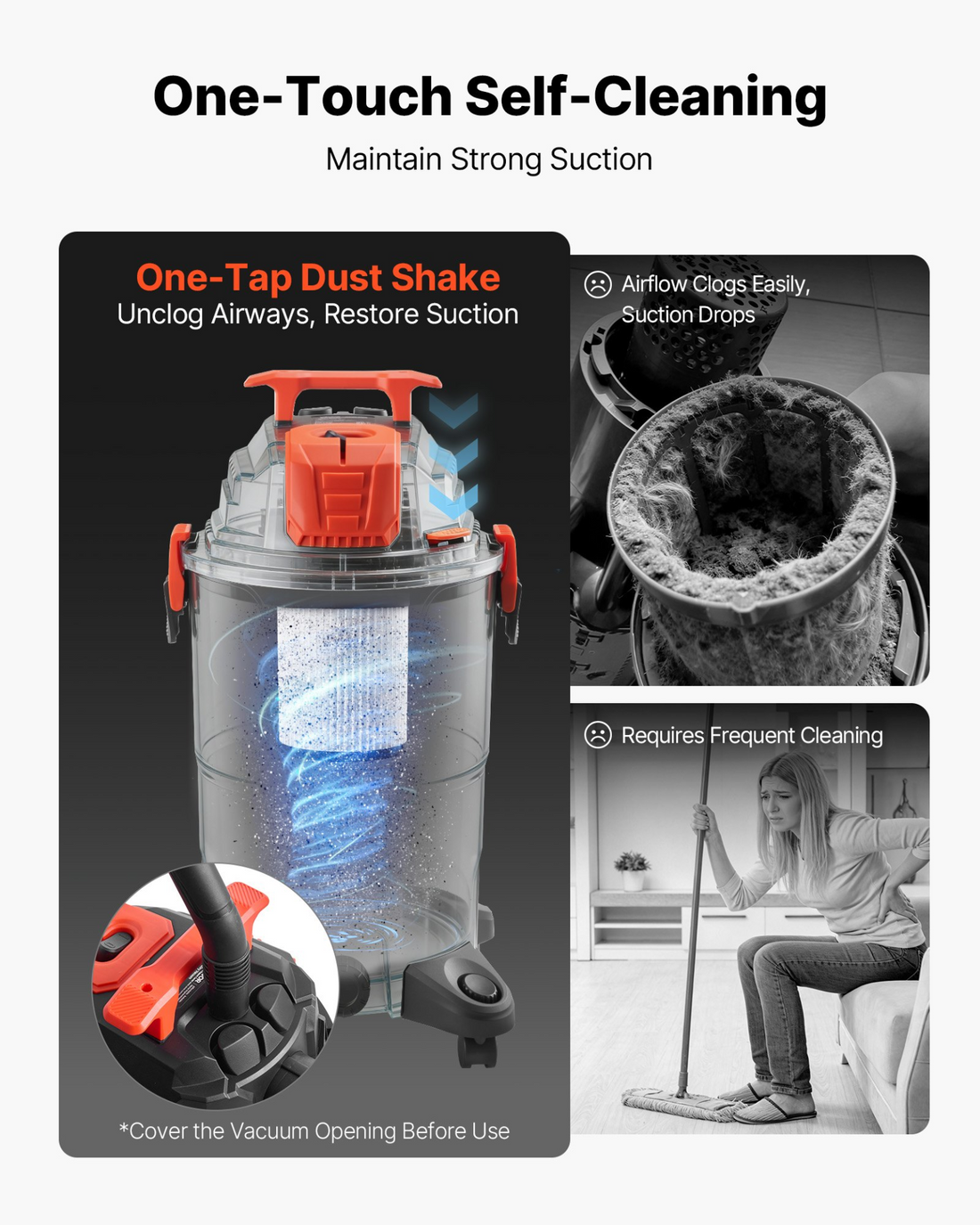 Start2Finish VEVOR 8-gallon wet dry shop vacuum with 4.5 peak HP, portable design, hose, cord, and self-cleaning feature.