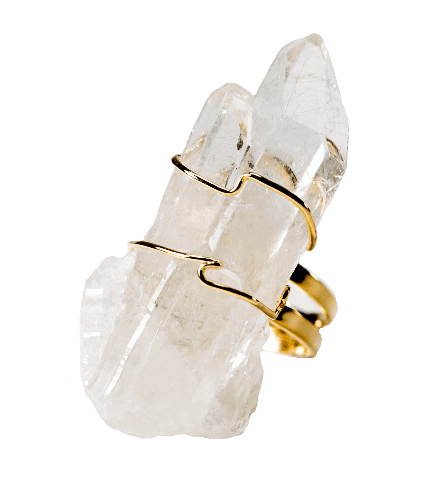 Green Ares quartz ring with a gold band and transparent gemstone, suitable for home decor or jewelry display.