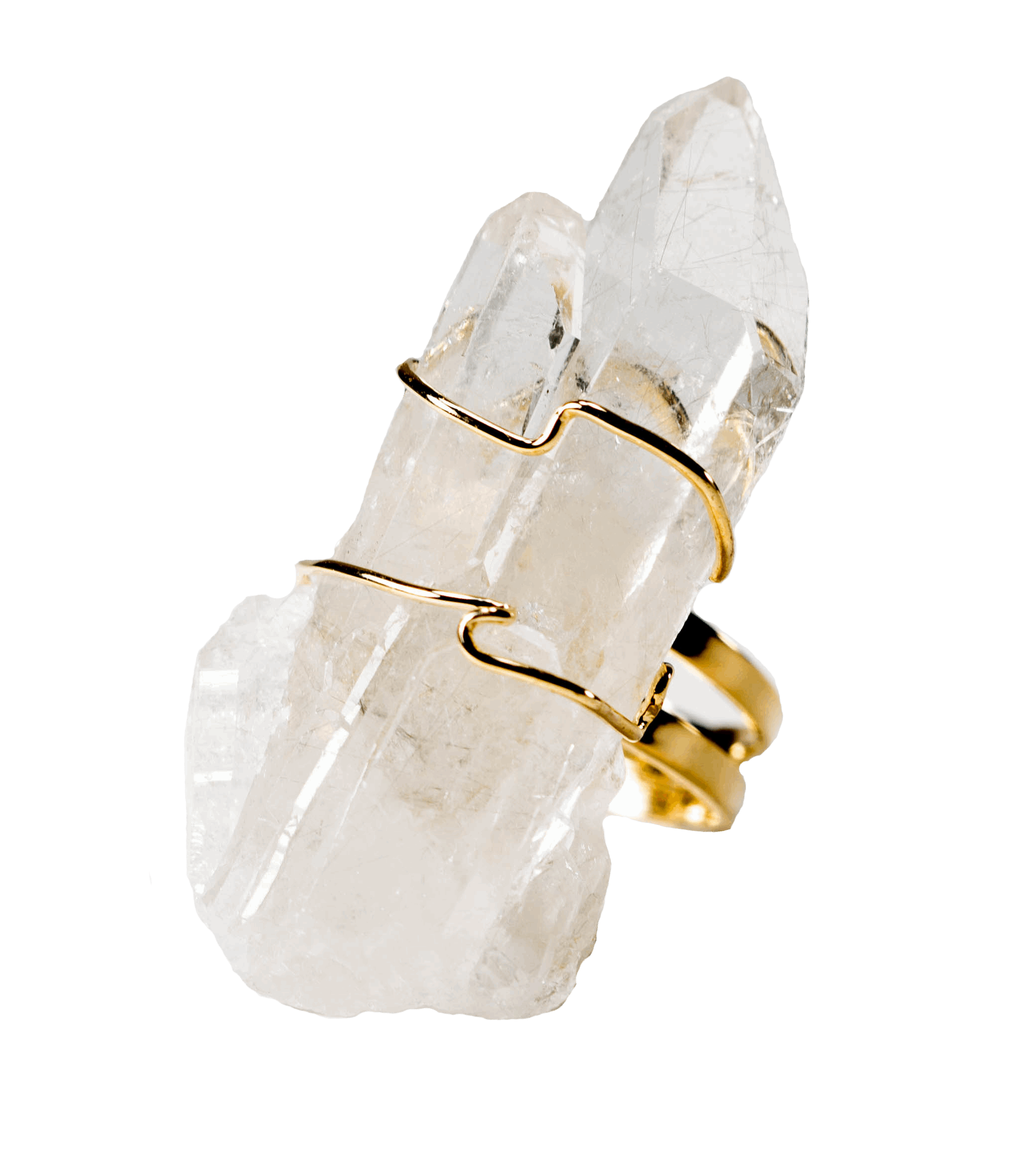 Green Ares quartz ring with a gold band and transparent gemstone, suitable for home decor or jewelry display.