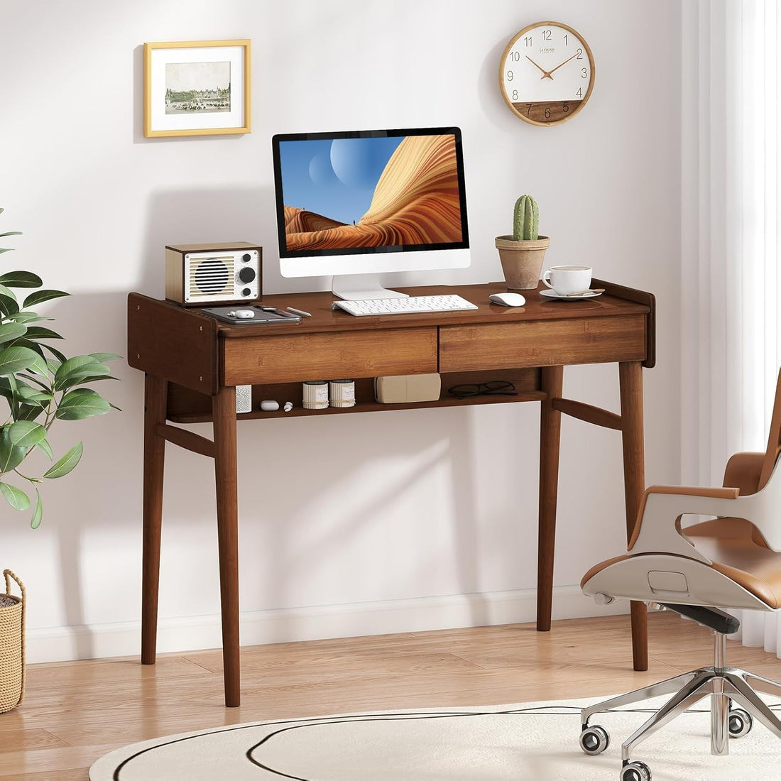 Walnut Bamboo Mid Century Modern Desktop Workstation