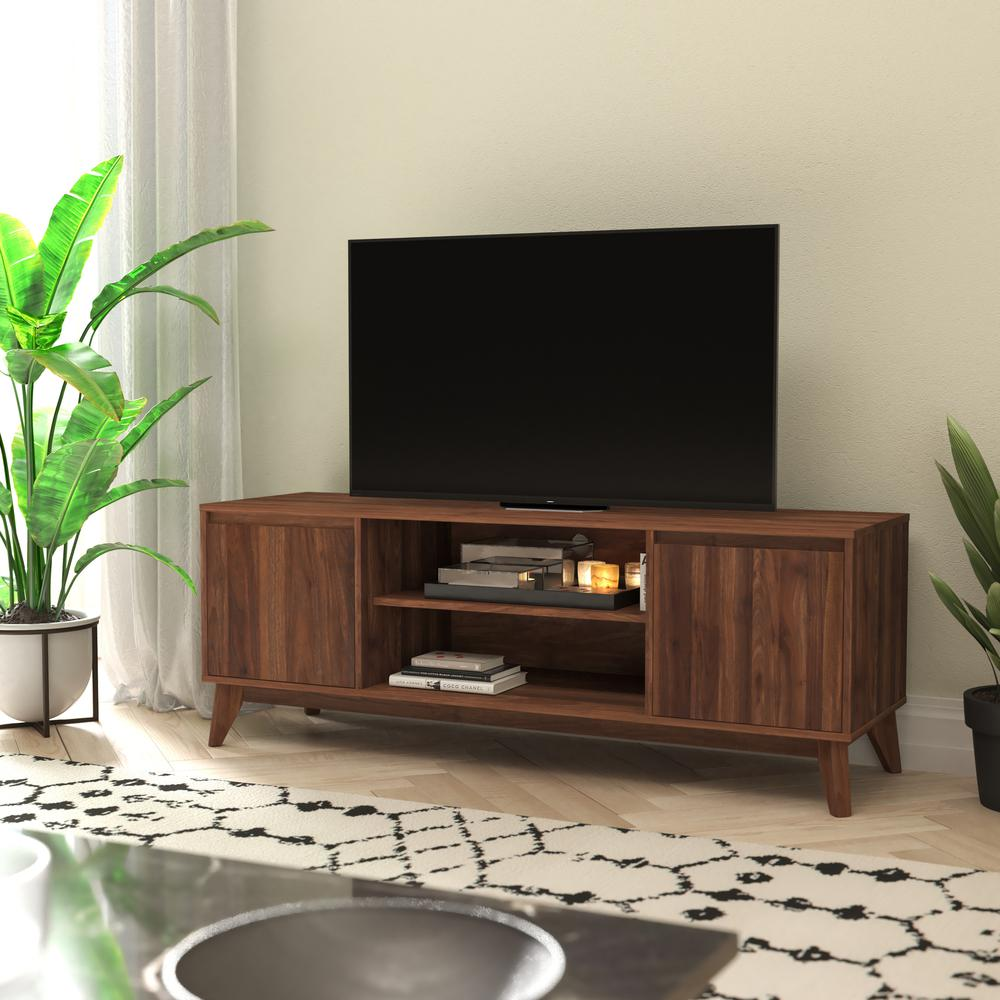 Start2Finish walnut TV stand for 60-inch media center with storage, designed for TVs up to 64 inches, modern furniture piece