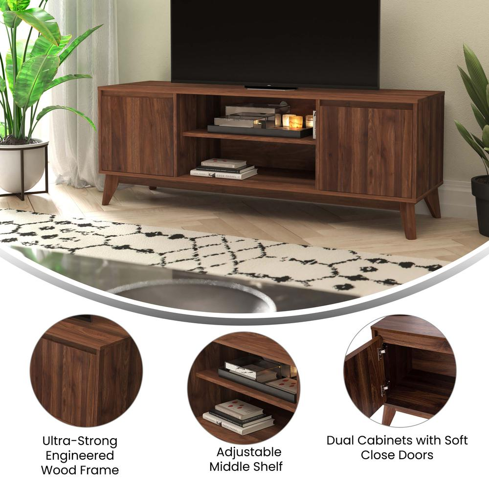 Start2Finish walnut TV stand for 60-inch media center, stylish furniture piece with ample space for up to 64-inch TVs.