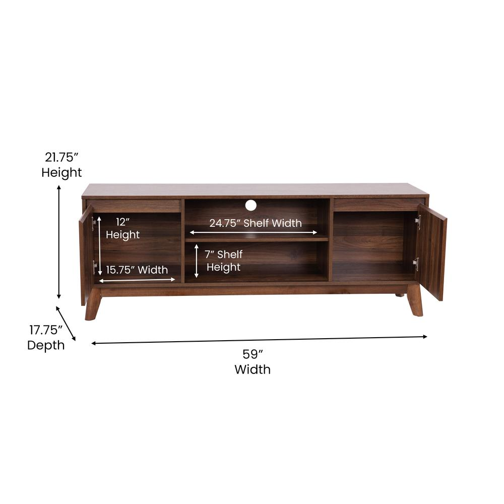 Start2Finish walnut TV stand for 64-inch TVs, featuring a modern media center design with open shelves and storage compartments.