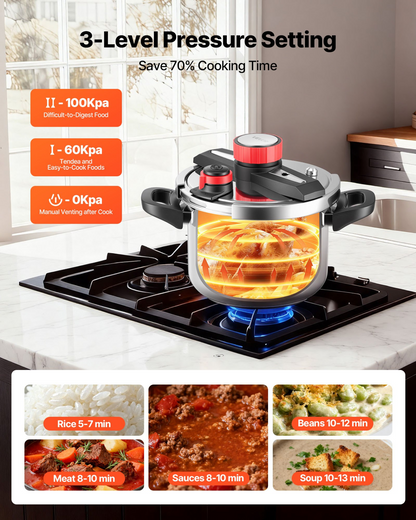 Start2Finish VEVOR 6.3Qt stainless steel pressure cooker with glass lid, steaming rack, and three pressure settings for versatile cooking.