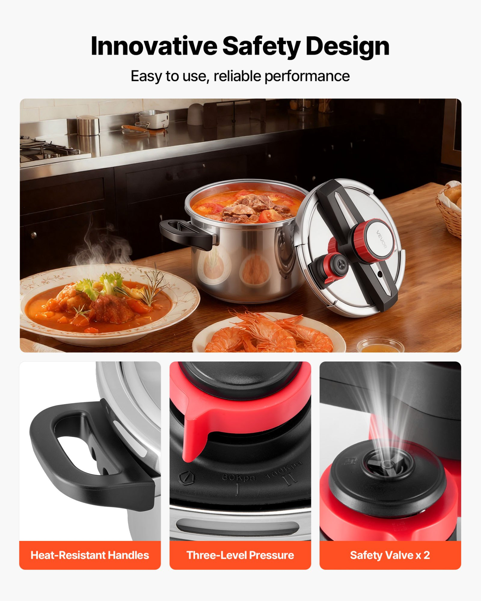Start2Finish VEVOR 6.3Qt stainless steel pressure cooker with glass lid, steaming rack, and three pressure settings for versatile cooking.
