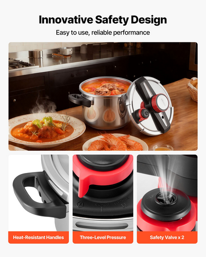 Start2Finish VEVOR 6.3Qt stainless steel pressure cooker with glass lid, steaming rack, and three pressure settings for versatile cooking.