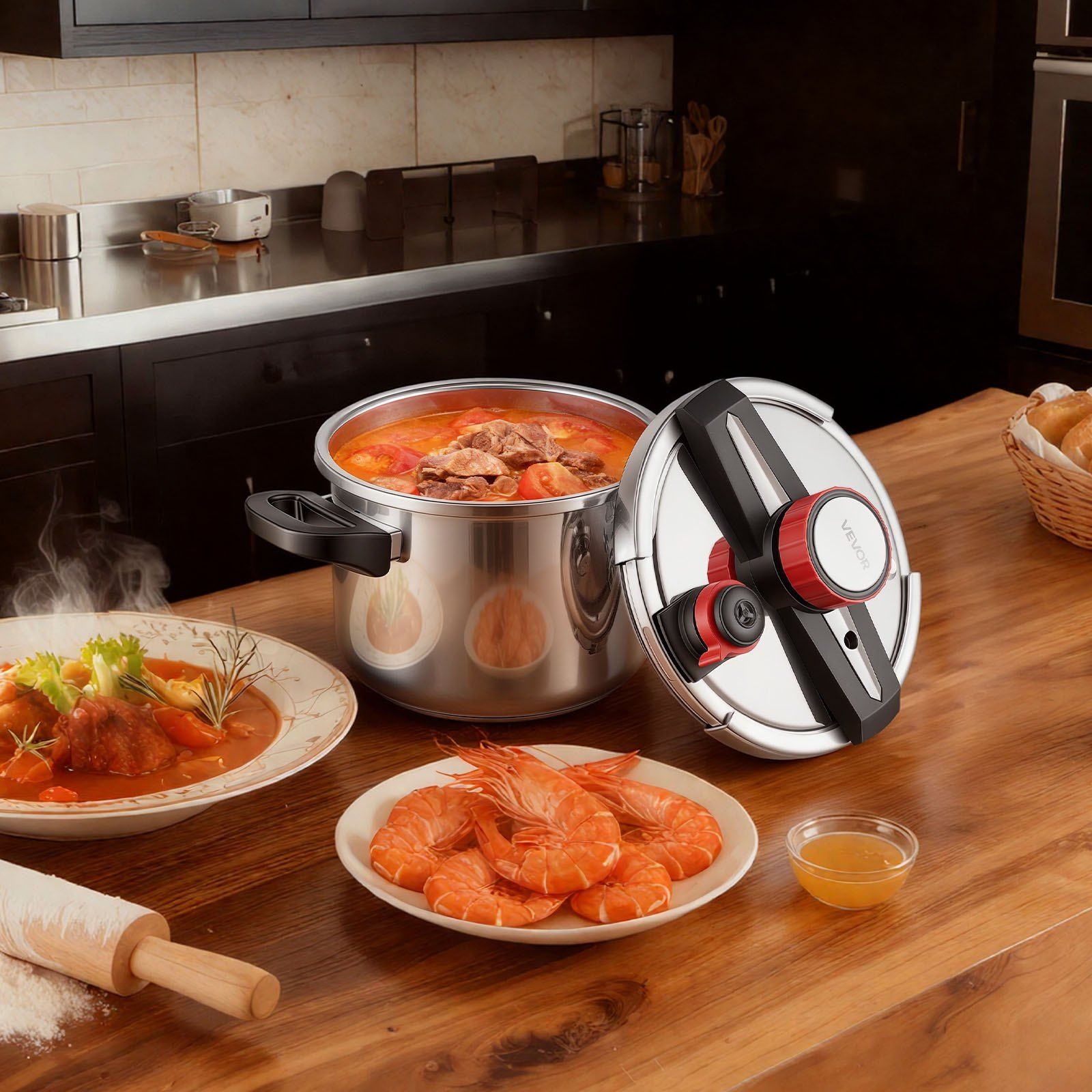 Start2Finish VEVOR 6.3Qt stainless steel pressure cooker with glass lid, steaming rack, and three pressure settings for versatile cooking.