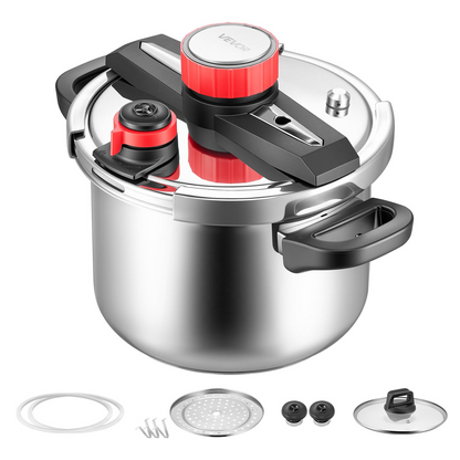 Start2Finish VEVOR 6.3QT stainless steel pressure cooker with glass lid, steaming rack, and three pressure settings for versatile cooking.