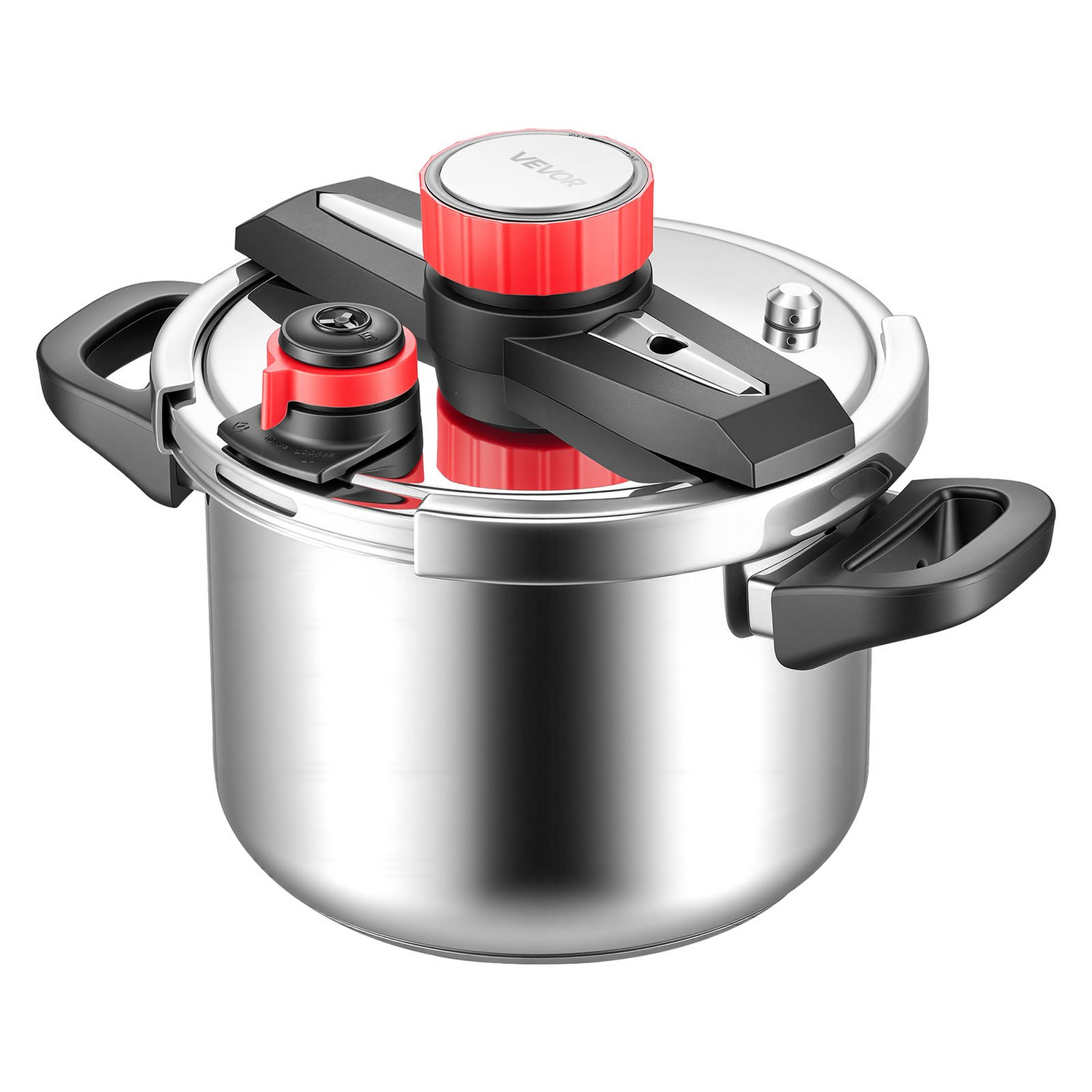 Start2Finish VEVOR 6.3Qt stainless steel pressure cooker with glass lid, steaming rack, and three pressure settings for versatile cooking.