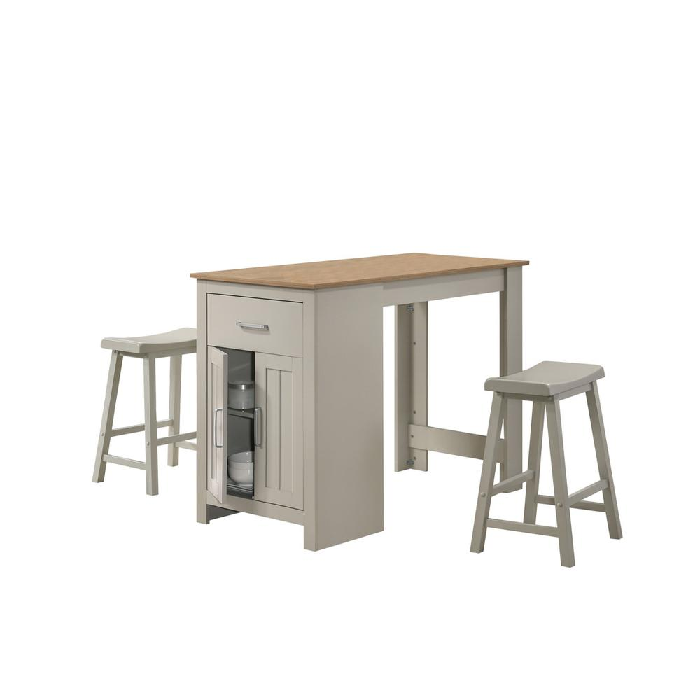Light gray Start2Finish Alonzo small space counter height dining table with cabinet, drawer, and two ergonomic stools.