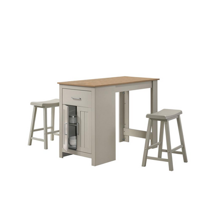 Light gray Start2Finish Alonzo small space counter height dining table with cabinet, drawer, and two ergonomic stools.