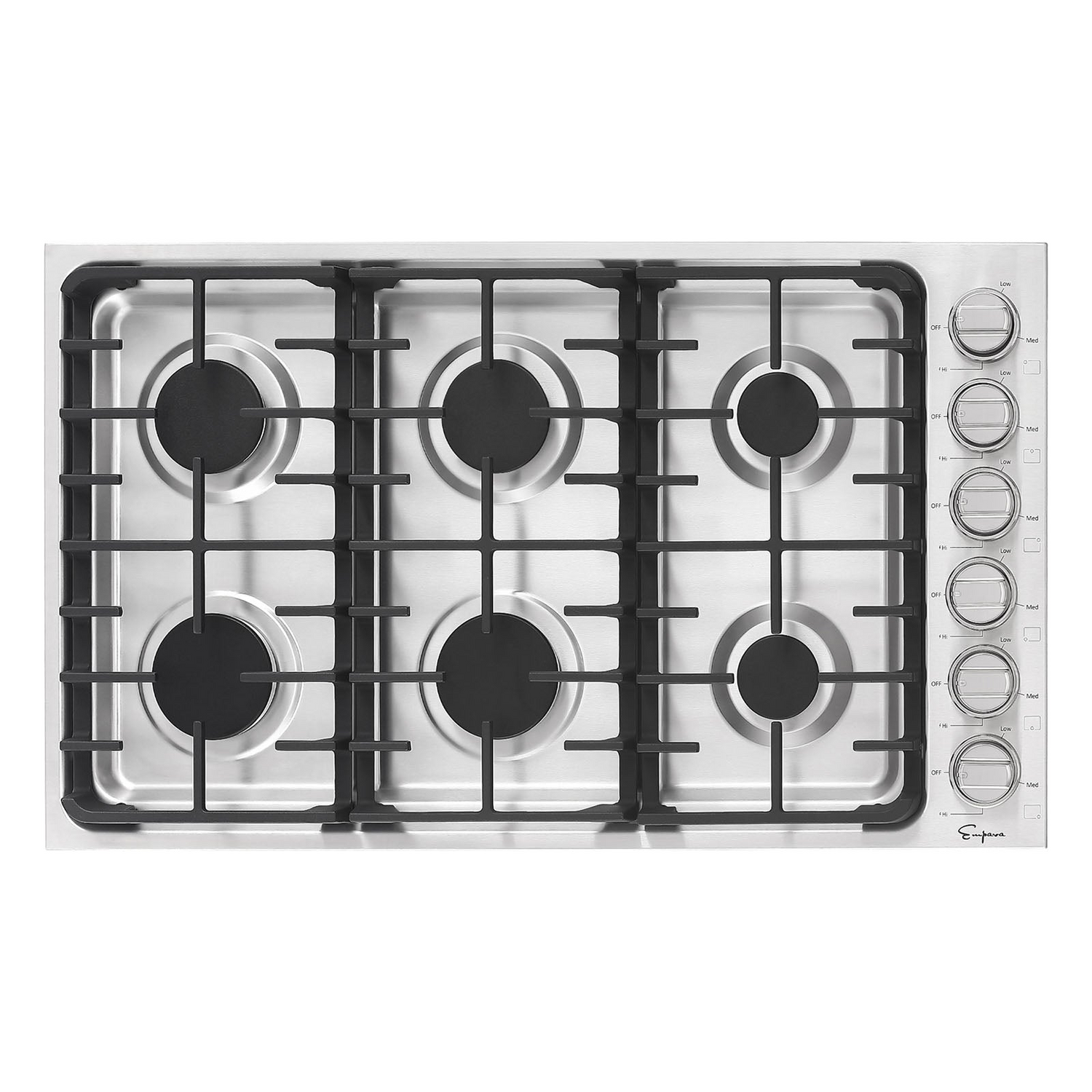 Empava 36-inch built-in gas cooktop with four burners and control knobs, installed in a modern kitchen countertop.