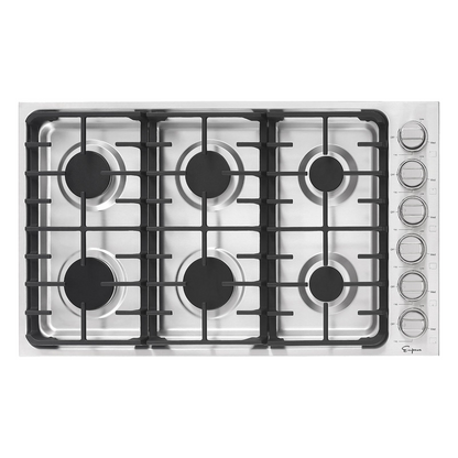 Empava 36-inch built-in gas cooktop with four burners and control knobs, installed in a modern kitchen countertop.