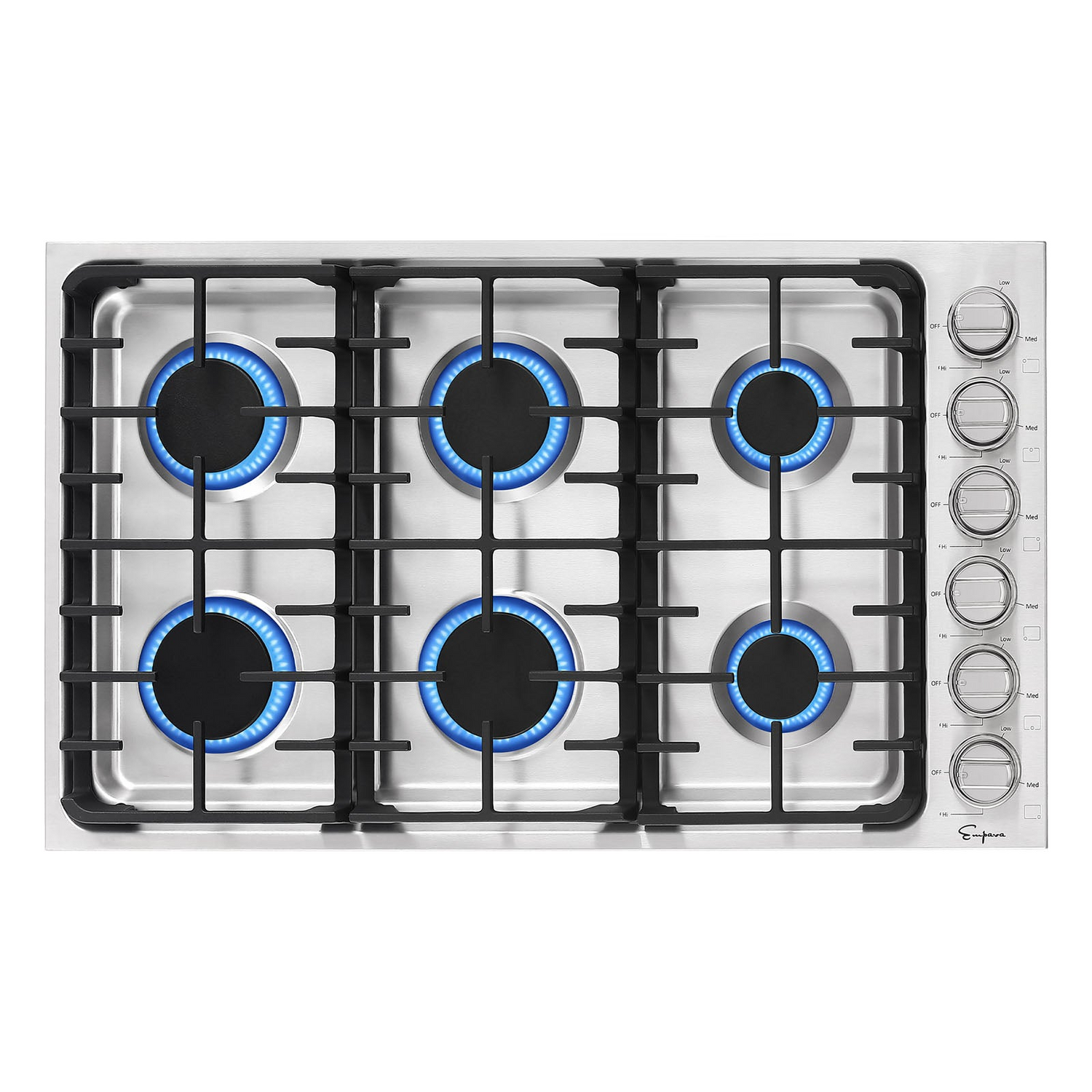 Start2Finish Empava 36GC34 36-inch built-in gas cooktop with four burners and black finish, stainless steel control knobs.